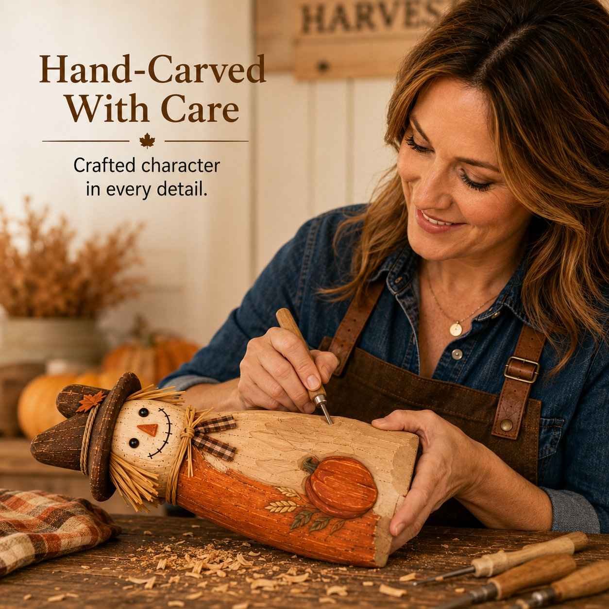 Hand-Carved Vintage Scarecrow Fall Decor Set