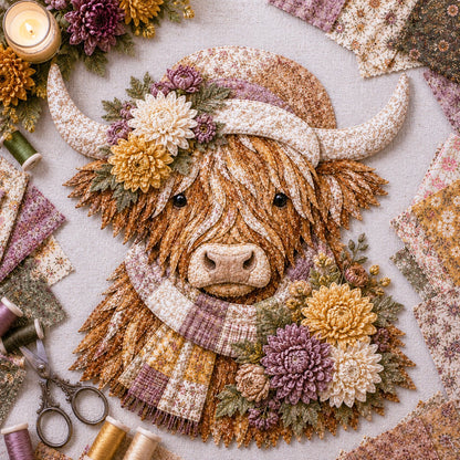 ⏰LAST DAY 49% OFF - 🐮💐🌸 Birth Flower Highland Cow 3D Layered Fabric Art DIY Kit | Complete Kit Included ✂️ Pre-Cut Pieces • Glue or Stitch Your Way • Create a Cozy 3D Highland Cow Decor 💕