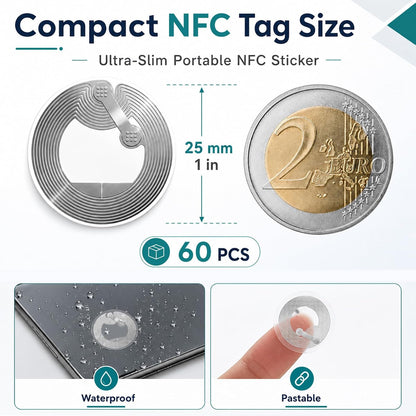 60pcs NFC Tag Sticker, Ntag213 NFC Programmable NFC tag 144 Byte label, compatible with all NFC enabled smartphones