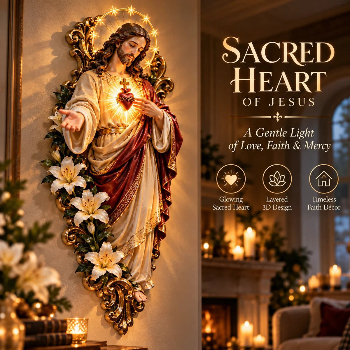 🔥LAST DAY 49% OFF - ✨ Sacred Heart of Jesus 3D Lighted Wall Décor