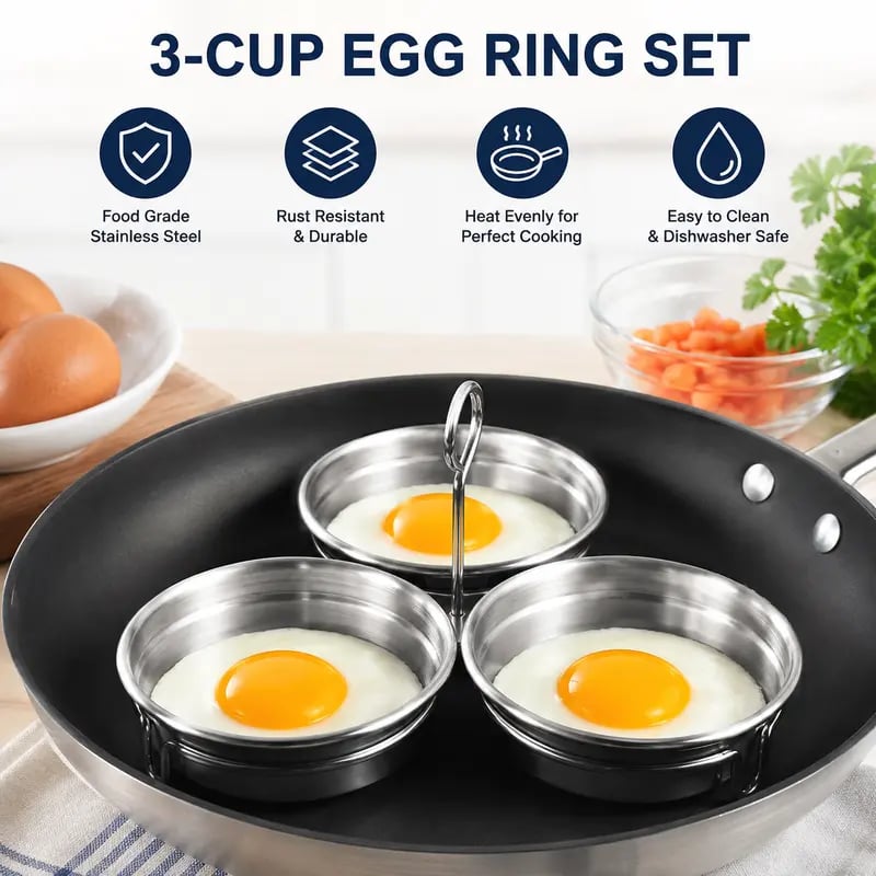 3-Cup Stainless Steel Egg Poacher, 3 Cavity Egg Steamer Mold with Handle, Reusable Egg Poaching Cups for Poached Eggs, Steamed Eggs, Breakfast & Dessert Making