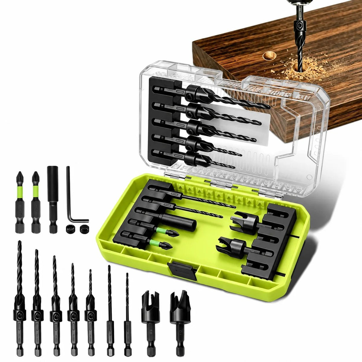 🛠️✨15-Piece Countersink Drill Bit Set – 1/4' Hex Shank, Depth Stop & Quick-Change Design