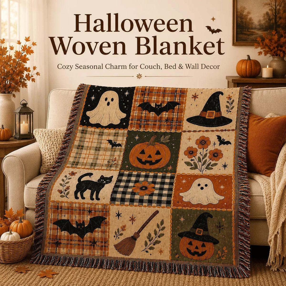 🎃 Vintage Halloween Jacquard Woven Throw Blanket with Fringe