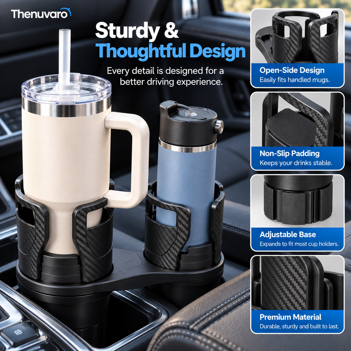 🚗 Expandable Car Cup Holder for Large Tumblers – Secure Fit for Oversized Bottles & Handled Mugs