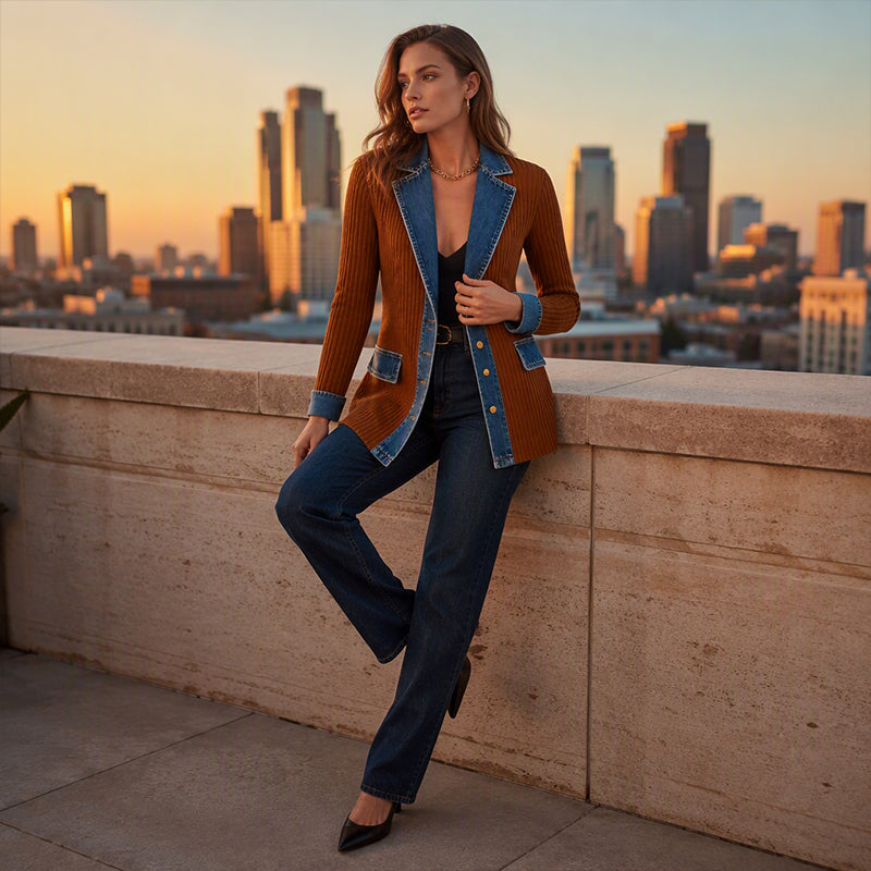 🍂Seasonal Style 49% Off🛍️Women’s Elegant Denim Spliced Ribbed Knit Coat