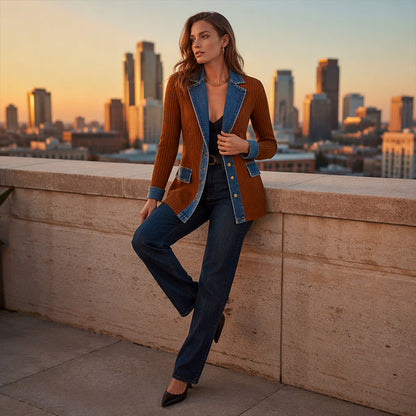 🍂Seasonal Style 49% Off🛍️Women’s Elegant Denim Spliced Ribbed Knit Coat