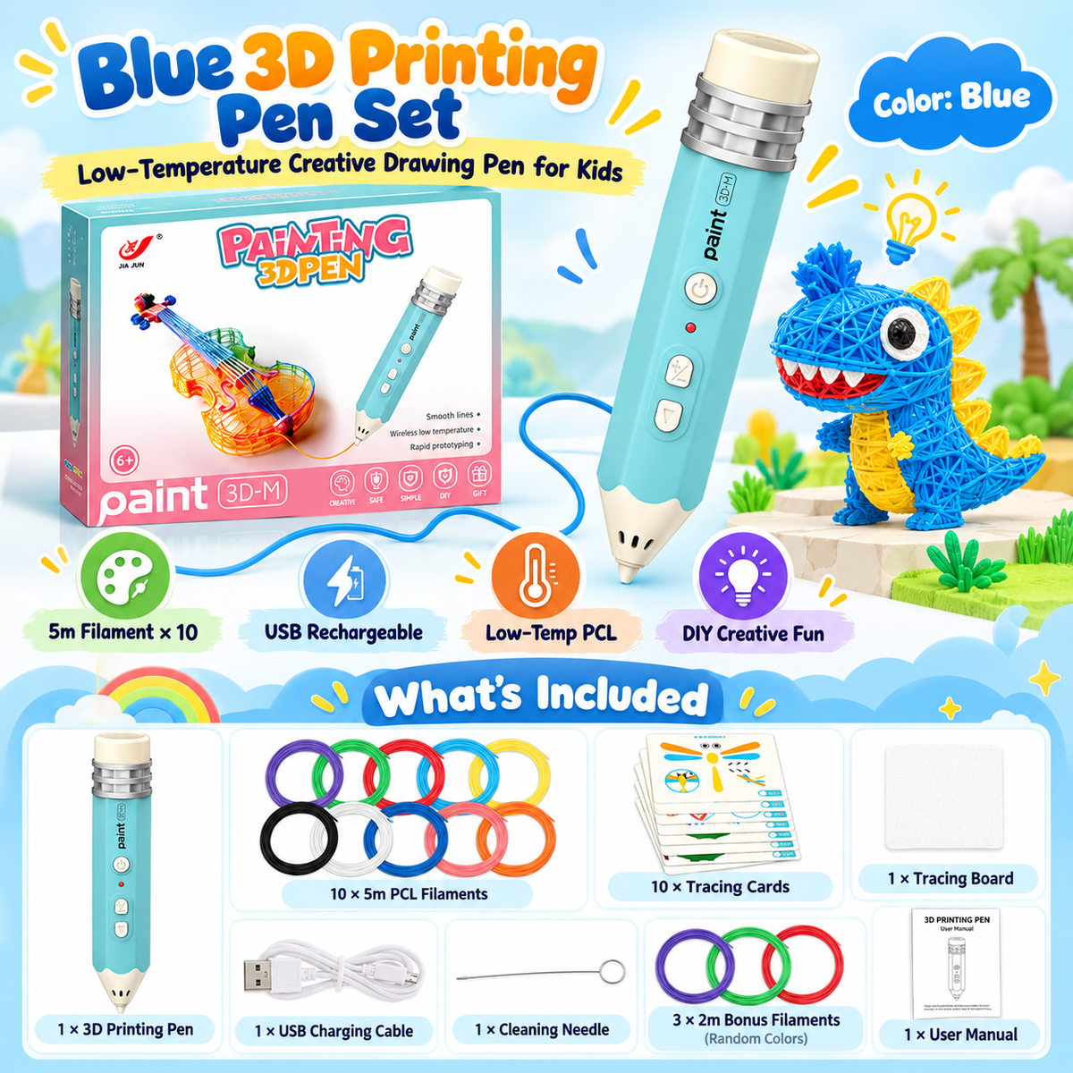 🎨 Kids Low-Temperature 3D Printing Pen Kit – Draw, Build & Create in 3D