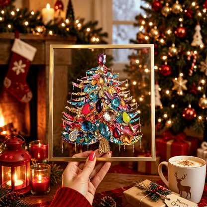 🎄 DIY Jeweled Christmas Tree Art Kit | Colorful Gems, Pearls, Paints & Gold-Tone Floating Display Frame 💎✨