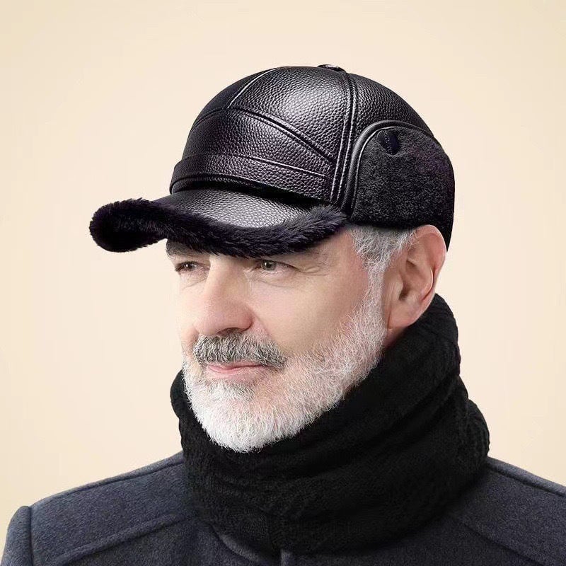 🧢🐂New Men's Winter Hat with Sheepskin Flat Top Earmuffs