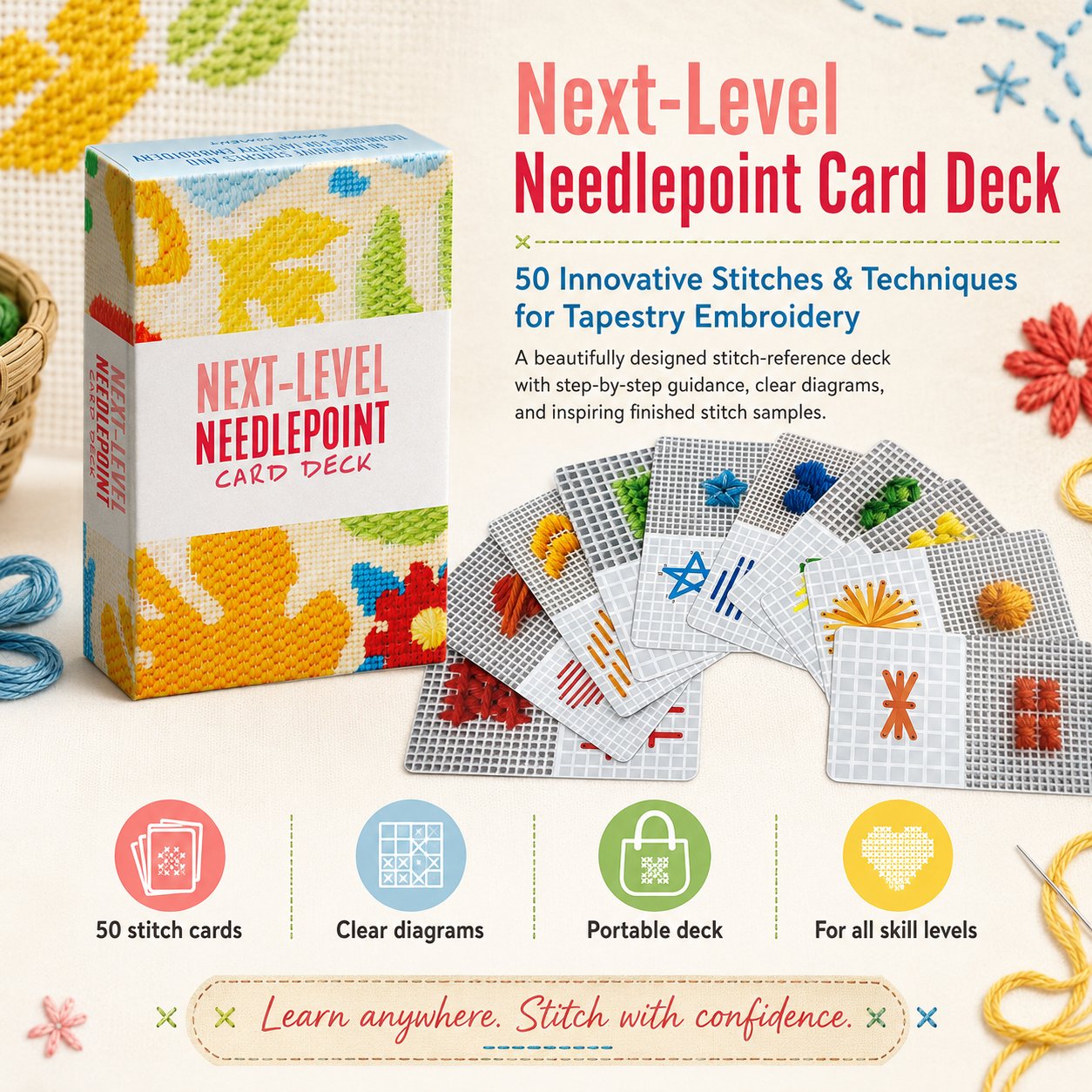 🧵Next-Level Needlepoint Card Deck – 50 Stitch Cards + Techniques for Tapestry Lovers✨(📦Buy 2 Free Shipping)