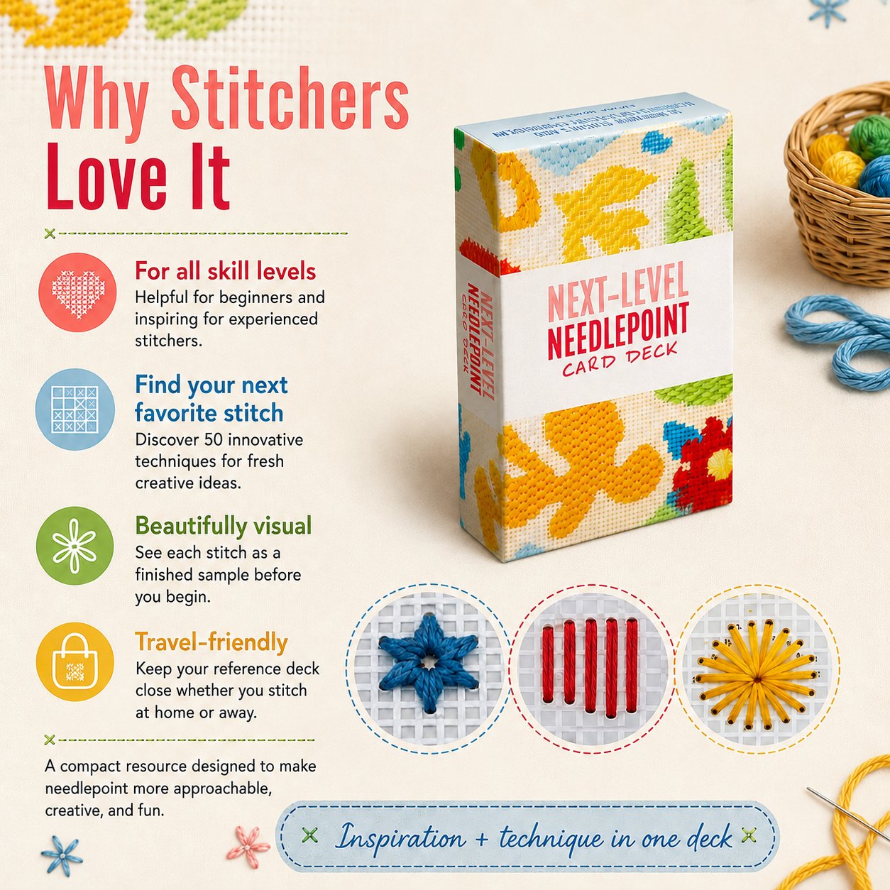 🧵Next-Level Needlepoint Card Deck – 50 Stitch Cards + Techniques for Tapestry Lovers✨(📦Buy 2 Free Shipping)