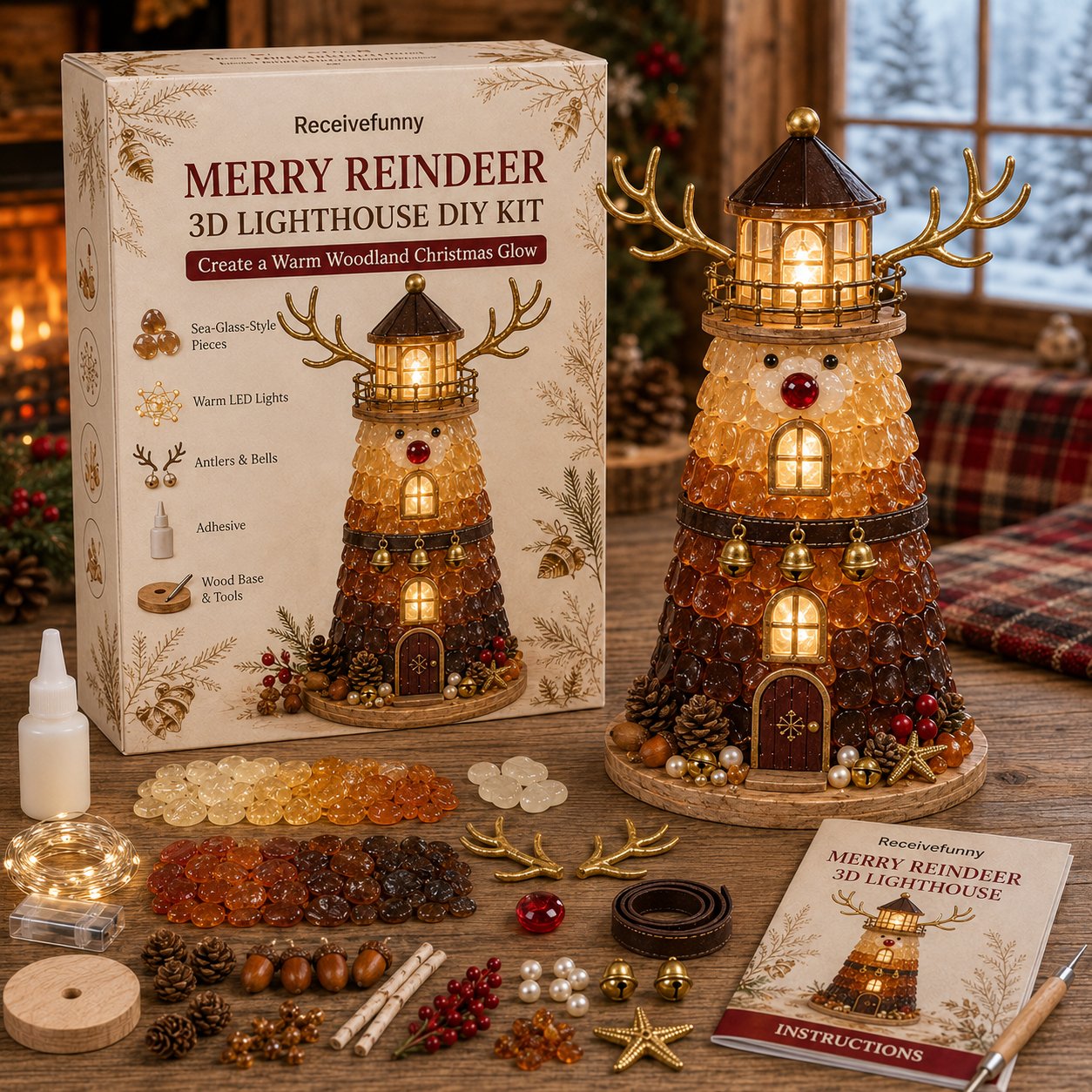 🎄Beginner-Friendly DIY Lighted Christmas Character Sea Glass-Style Lighthouse Kit Collection | Complete Kit with Sea Glass-Style Pieces, LED Lights & Step-by-Step Guide Included 💕