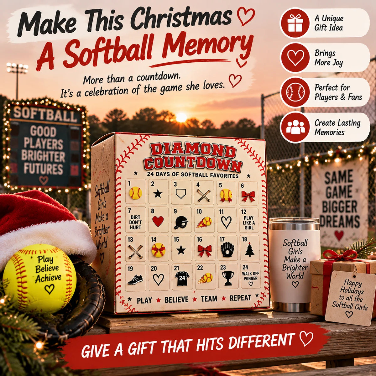 🥎 Softball Advent Calendar – 24-Day Christmas Countdown Gift for Girls, Players & Teammates