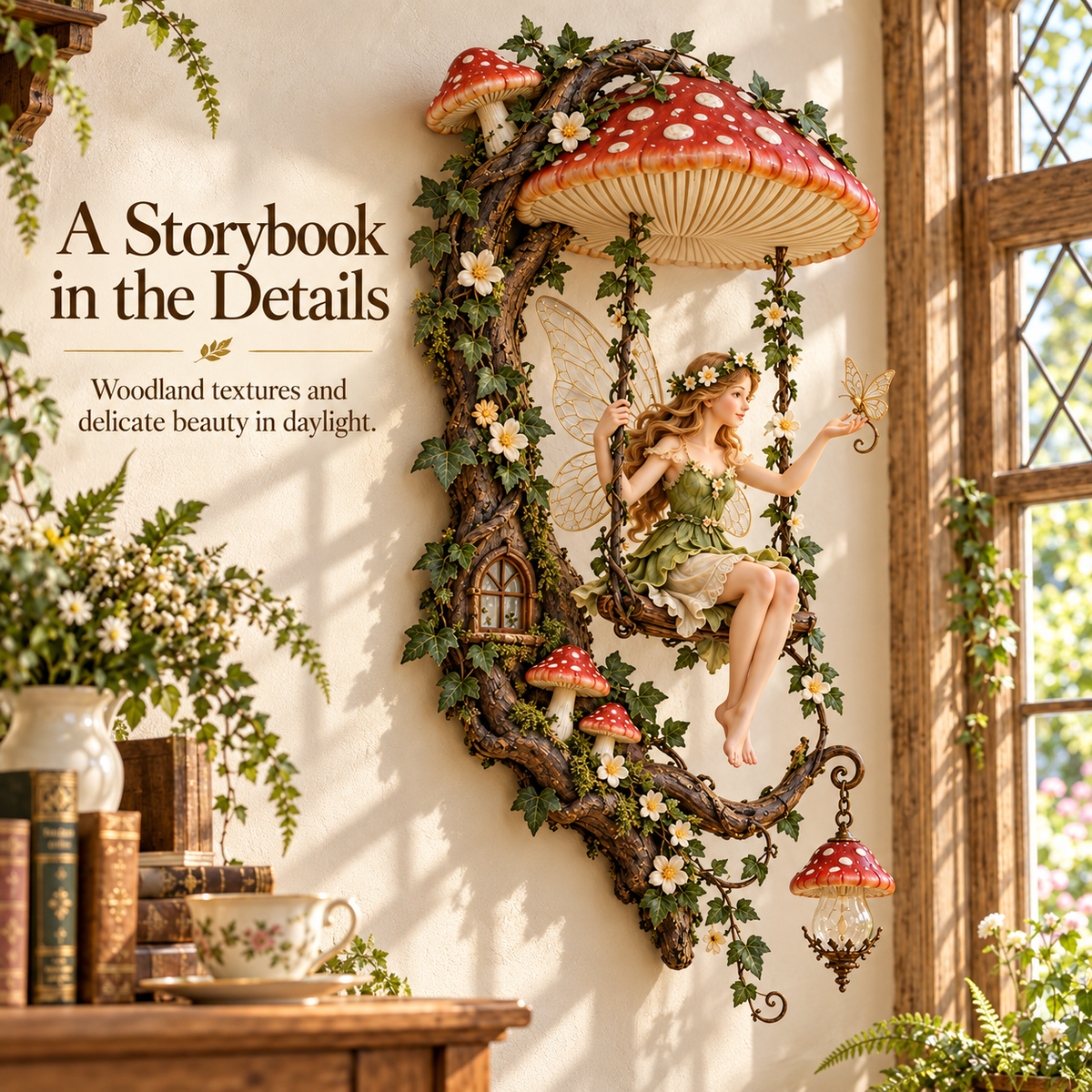 🧚 Fairyglow™ – Lighted Woodland Fairy Mushroom Swing Wall Art