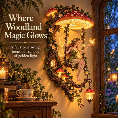 🧚 Fairyglow™ – Lighted Woodland Fairy Mushroom Swing Wall Art