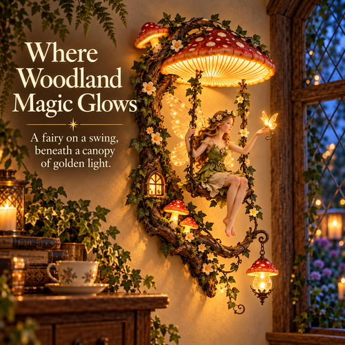🧚 Fairyglow™ – Lighted Woodland Fairy Mushroom Swing Wall Art