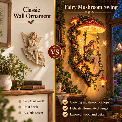 🧚 Fairyglow™ – Lighted Woodland Fairy Mushroom Swing Wall Art