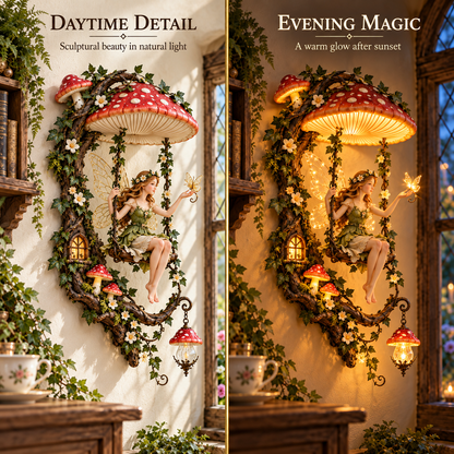 🧚 Fairyglow™ – Lighted Woodland Fairy Mushroom Swing Wall Art