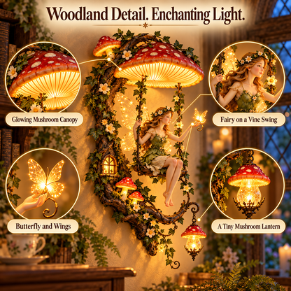 🧚 Fairyglow™ – Lighted Woodland Fairy Mushroom Swing Wall Art