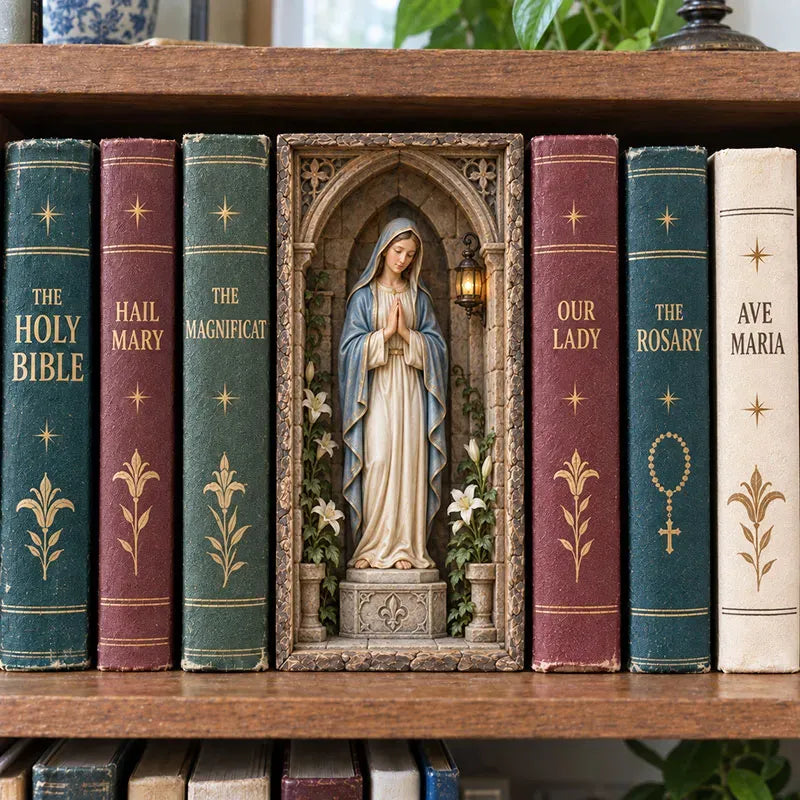 🔥🙏 Virgin Mary Lighted Book Nook – Sacred Chapel Bookshelf Decor