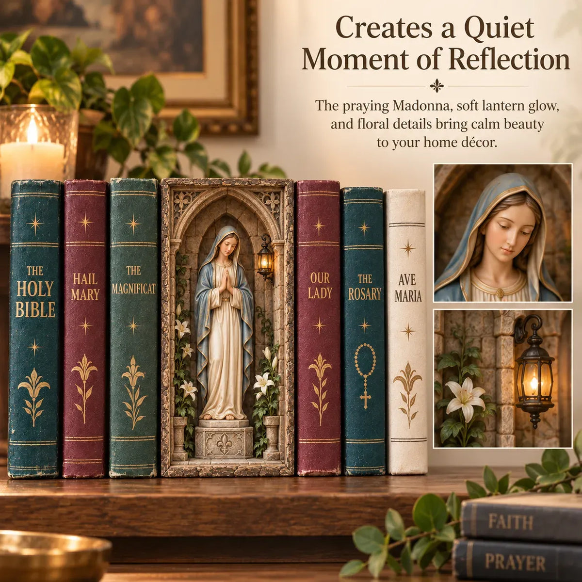 🔥🙏 Virgin Mary Lighted Book Nook – Sacred Chapel Bookshelf Decor
