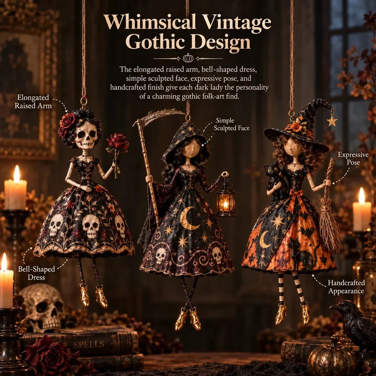 🖤 Midnight Ladies™ Gothic Halloween Hanging Decor | 3 Spooky Character Styles for Porches, Entryways & Indoor Displays 🎃
