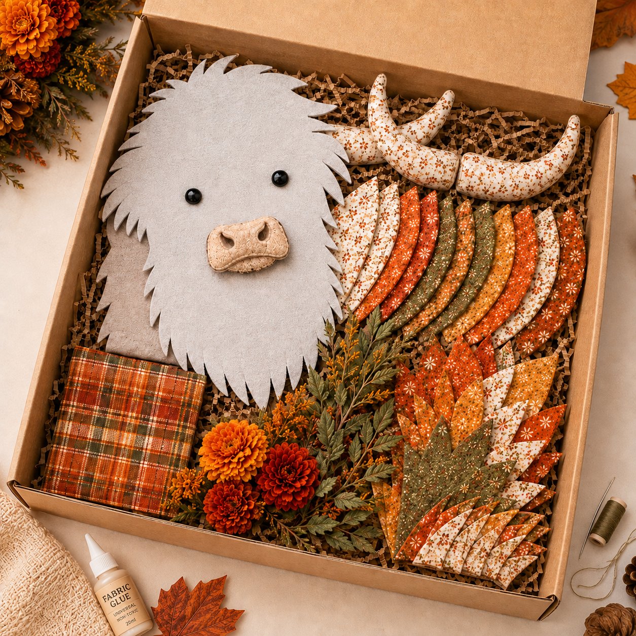 ⏰LAST DAY 49% OFF - 🐮💐🌸 Birth Flower Highland Cow 3D Layered Fabric Art DIY Kit | Complete Kit Included ✂️ Pre-Cut Pieces • Glue or Stitch Your Way • Create a Cozy 3D Highland Cow Decor 💕