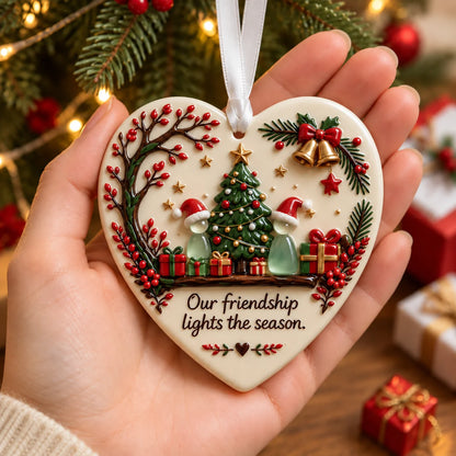 Christmas Friendship Heart Ornament 🎄💕 Glazed Ceramic Keepsake With Sea Glass Figures & Heartfelt Blessing