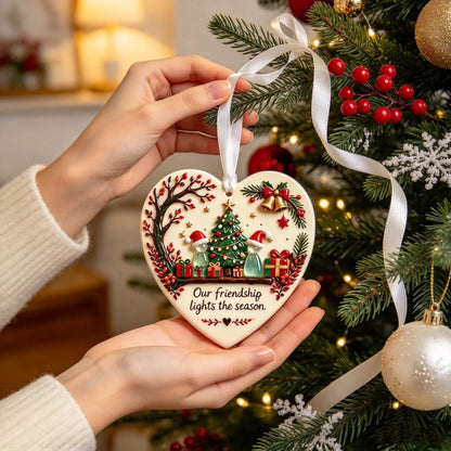 Christmas Friendship Heart Ornament 🎄💕 Glazed Ceramic Keepsake With Sea Glass Figures & Heartfelt Blessing