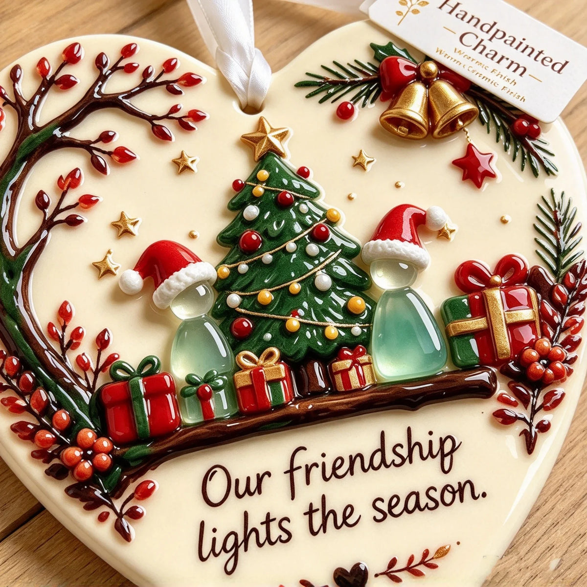 Christmas Friendship Heart Ornament 🎄💕 Glazed Ceramic Keepsake With Sea Glass Figures & Heartfelt Blessing