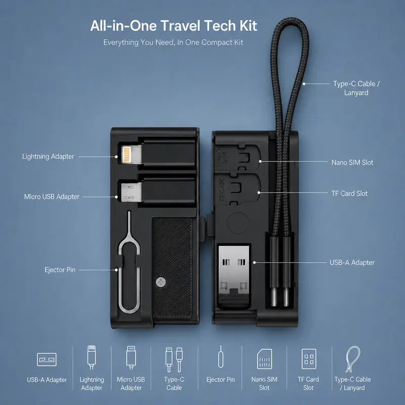 🔌Last Day 49% OFF –  Pocket Travel Cable Kit – Usb-c Cable, 3 Adapters, Sim/tf Storage & Phone Stand