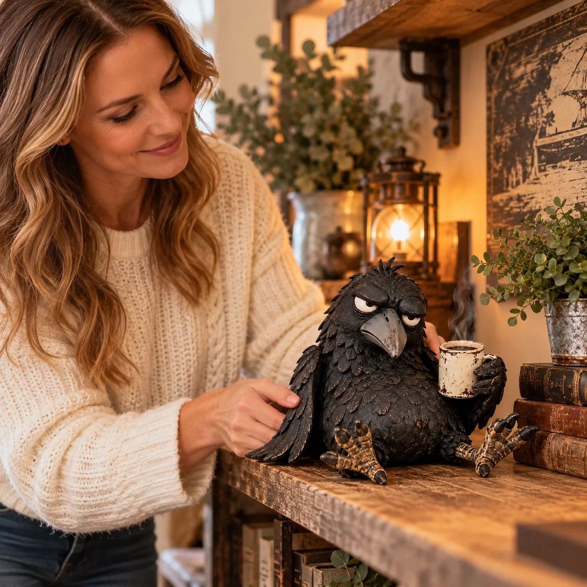 Grumpy Coffee Raven Figurine displayed on shelf