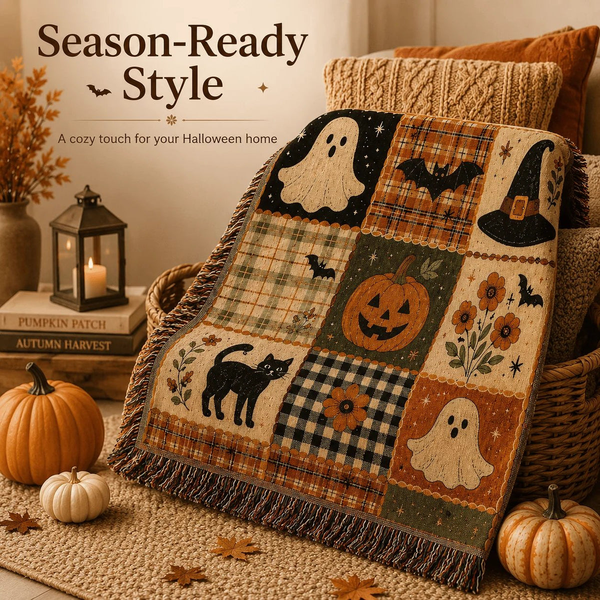 🎃 Vintage Halloween Jacquard Woven Throw Blanket with Fringe
