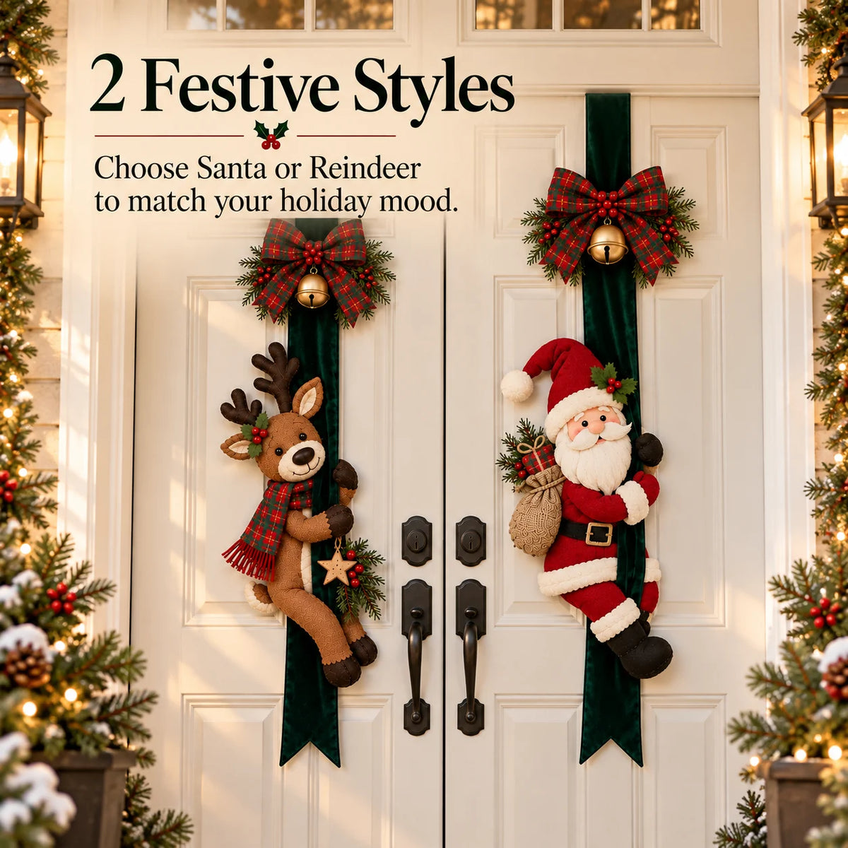 Christmas Door Bow with Reindeer and Santa Claus Decoration – Festive Holiday Door Decor 🎄