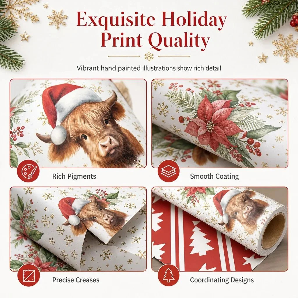 Christmas Highland Cow and Floral Gift Wrapping Paper Roll 43x500cm Holiday Present Wrap