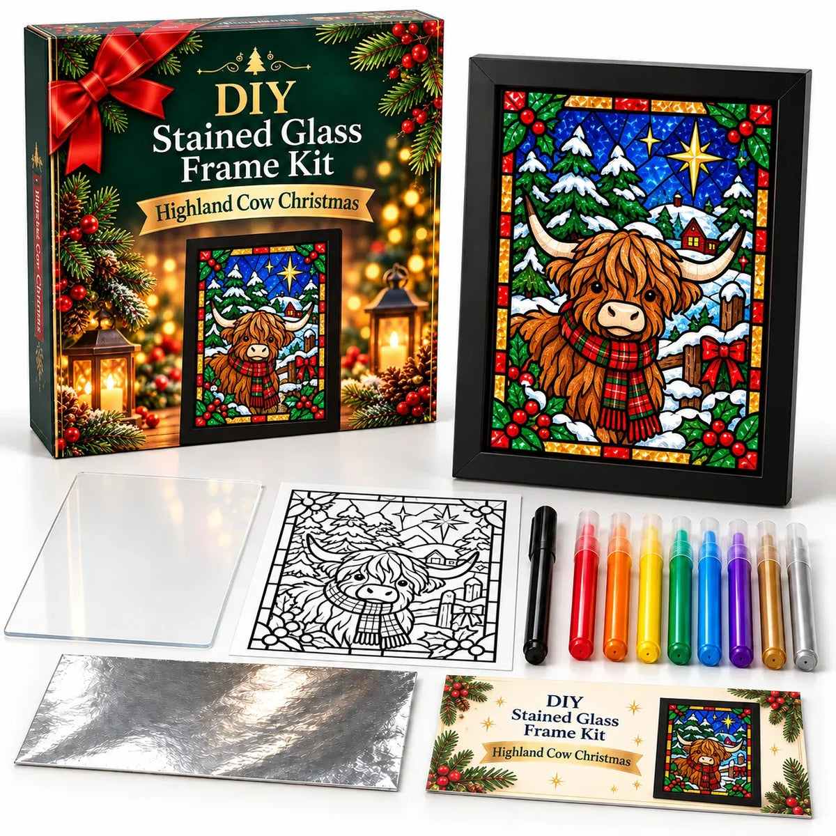 ⏳ Last Day 49% Off – 🎄beginner-friendly Christmas Stained Glass-style Frame Kit | 8 Festive Designs With Pens, Foil & Frame ✨