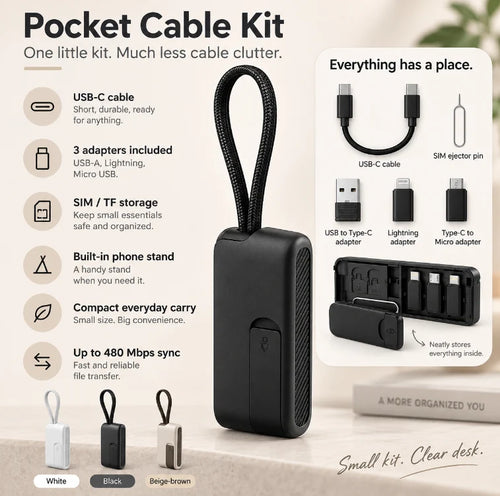 🔌Last Day 49% OFF –  Pocket Travel Cable Kit – Usb-c Cable, 3 Adapters, Sim/tf Storage & Phone Stand