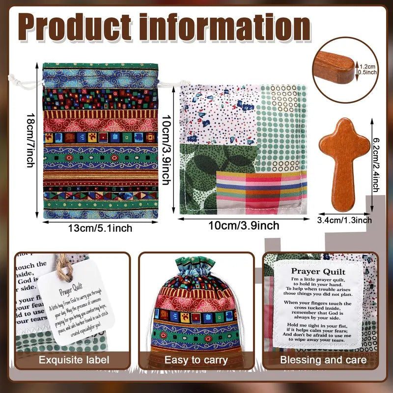 ✝️pocket Prayer Quilt Set | Mini Handmade Prayer Blankets With Cross & Drawstring Bag Christian Gifts