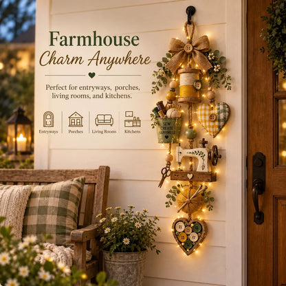 🧵✨ Rustic Wooden Sewing - Themed Hanging Ornament With Remote Control Fairy Lights