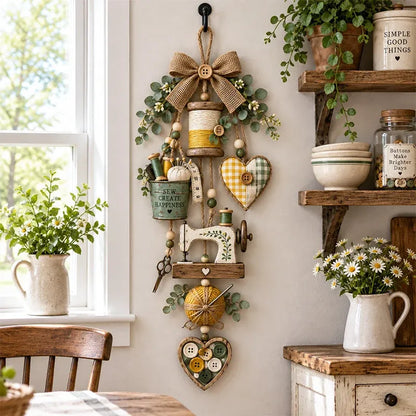 🧵✨ Rustic Wooden Sewing - Themed Hanging Ornament With Remote Control Fairy Lights