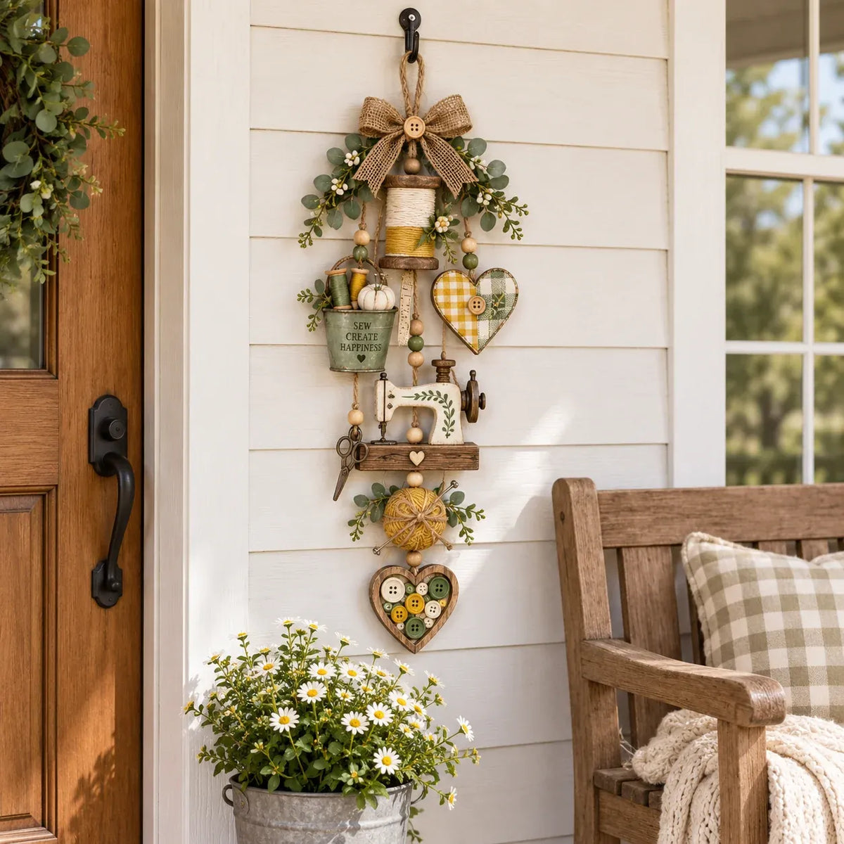 🧵✨ Rustic Wooden Sewing - Themed Hanging Ornament With Remote Control Fairy Lights