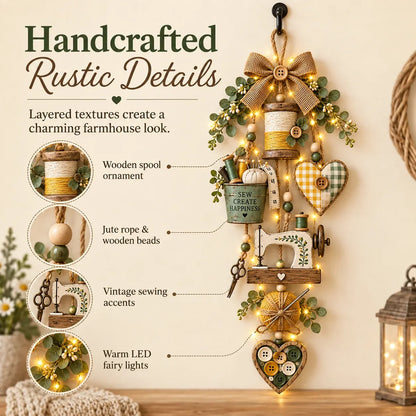 🧵✨ Rustic Wooden Sewing - Themed Hanging Ornament With Remote Control Fairy Lights