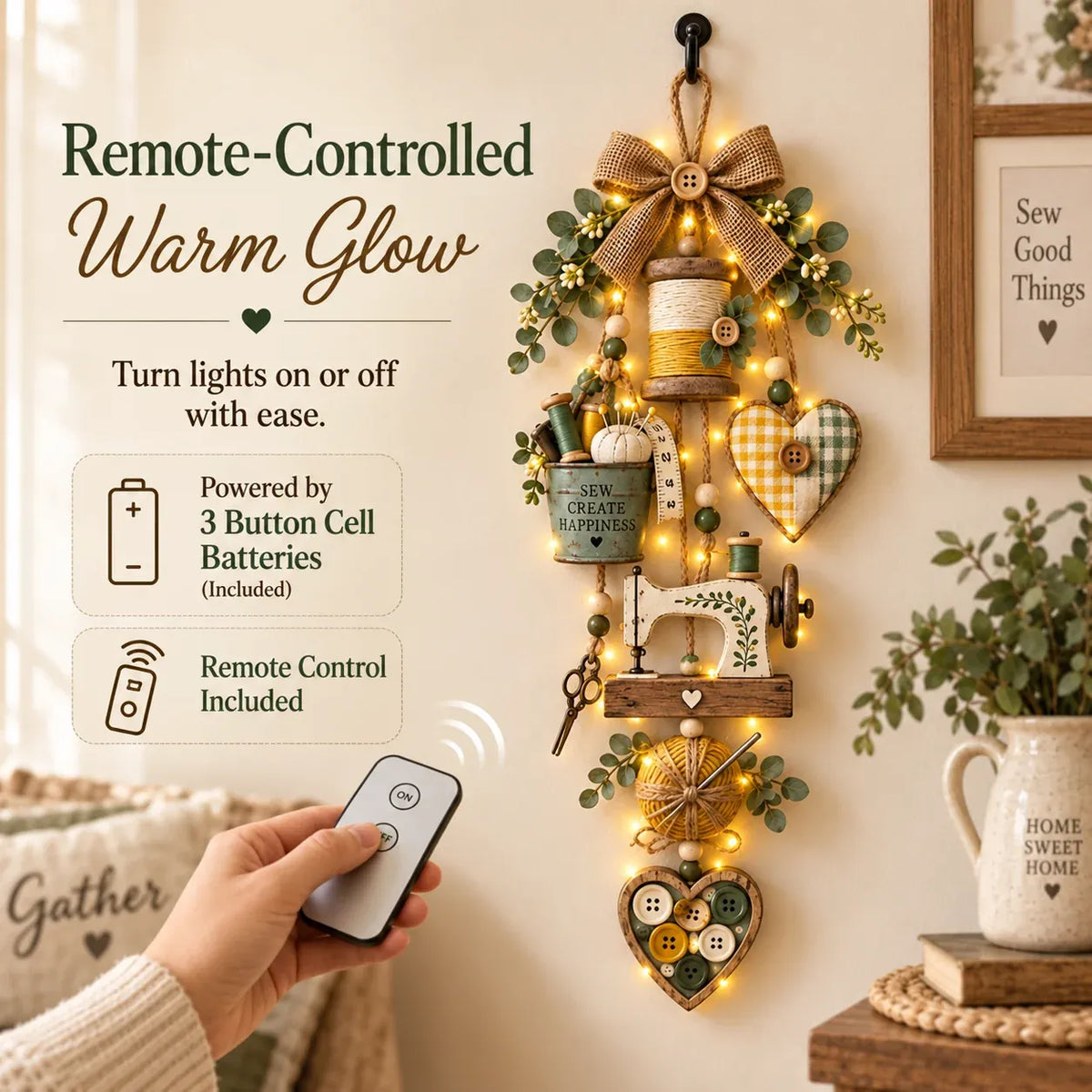 🧵✨ Rustic Wooden Sewing - Themed Hanging Ornament With Remote Control Fairy Lights