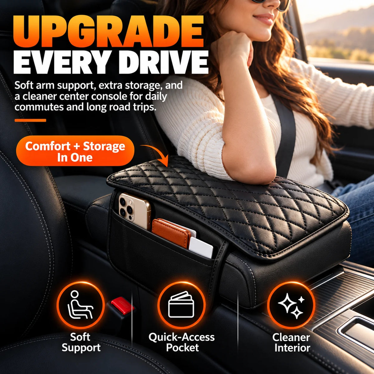 🚘 Car Center Console Armrest Riser – Padded Cushion with Side Storage & Non-Slip Base