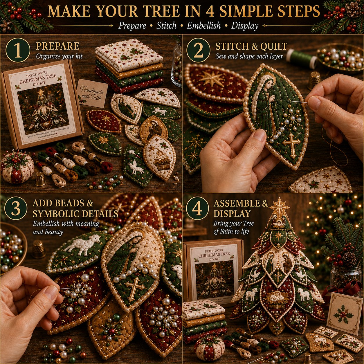 ✝️ Beginner-Friendly Tree of Faith 3D Quilted Christmas Tree Sewing Kit | Complete Kit with Coordinated Fabrics, Beads & Step-by-Step Guide Included 💕