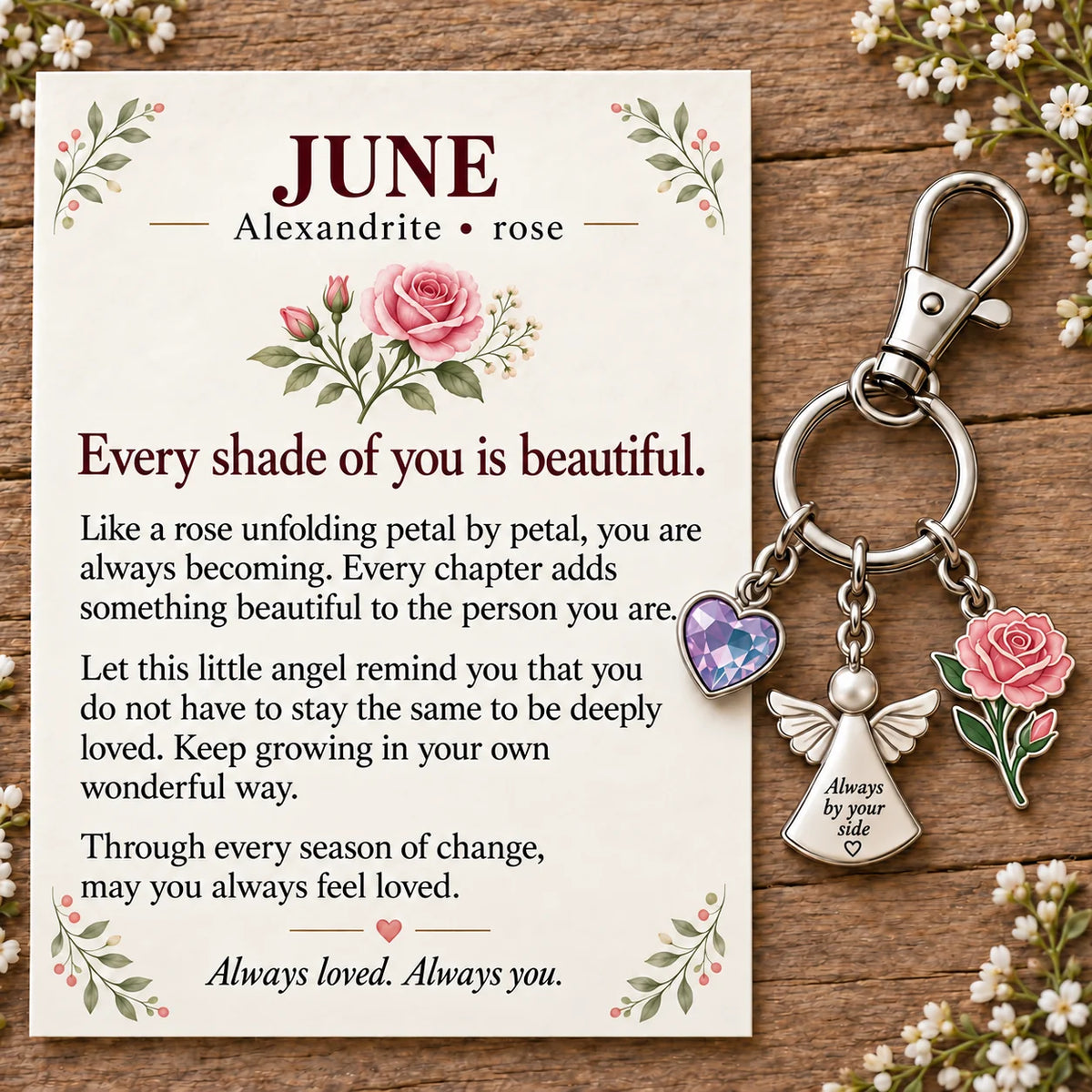 ⏳ Last Day 48% OFF —👼 Always By Your Side: Birth Month Angel & Flower Keychain + Keepsake Card