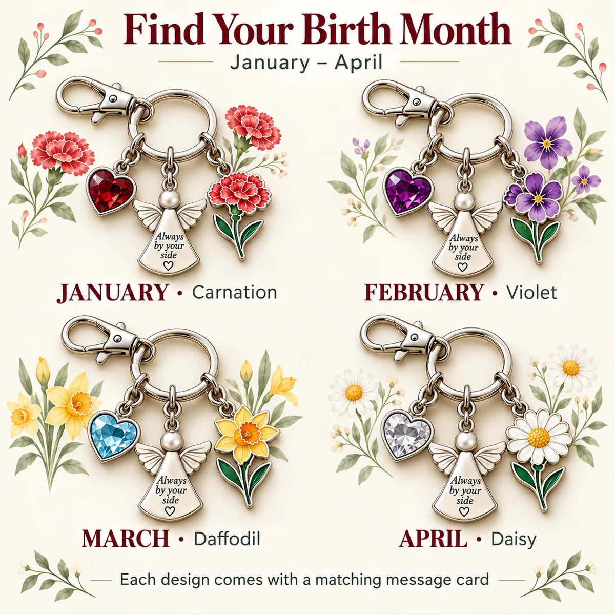 ⏳ Last Day 48% OFF —👼 Always By Your Side: Birth Month Angel & Flower Keychain + Keepsake Card