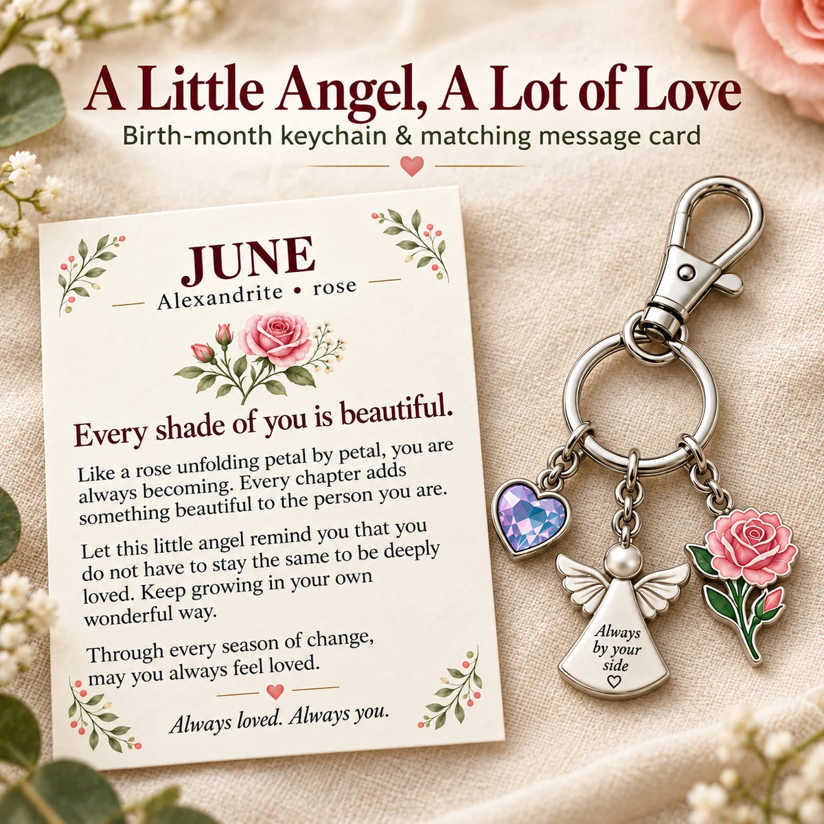 ⏳ Last Day 48% OFF —👼 Always By Your Side: Birth Month Angel & Flower Keychain + Keepsake Card