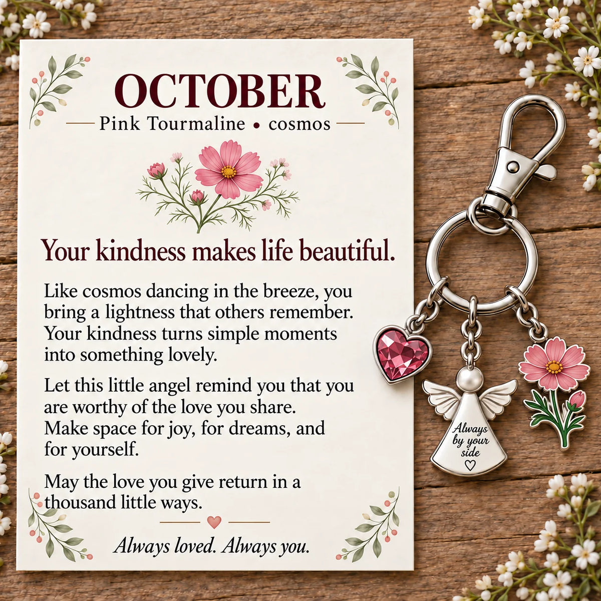 ⏳ Last Day 48% OFF —👼 Always By Your Side: Birth Month Angel & Flower Keychain + Keepsake Card