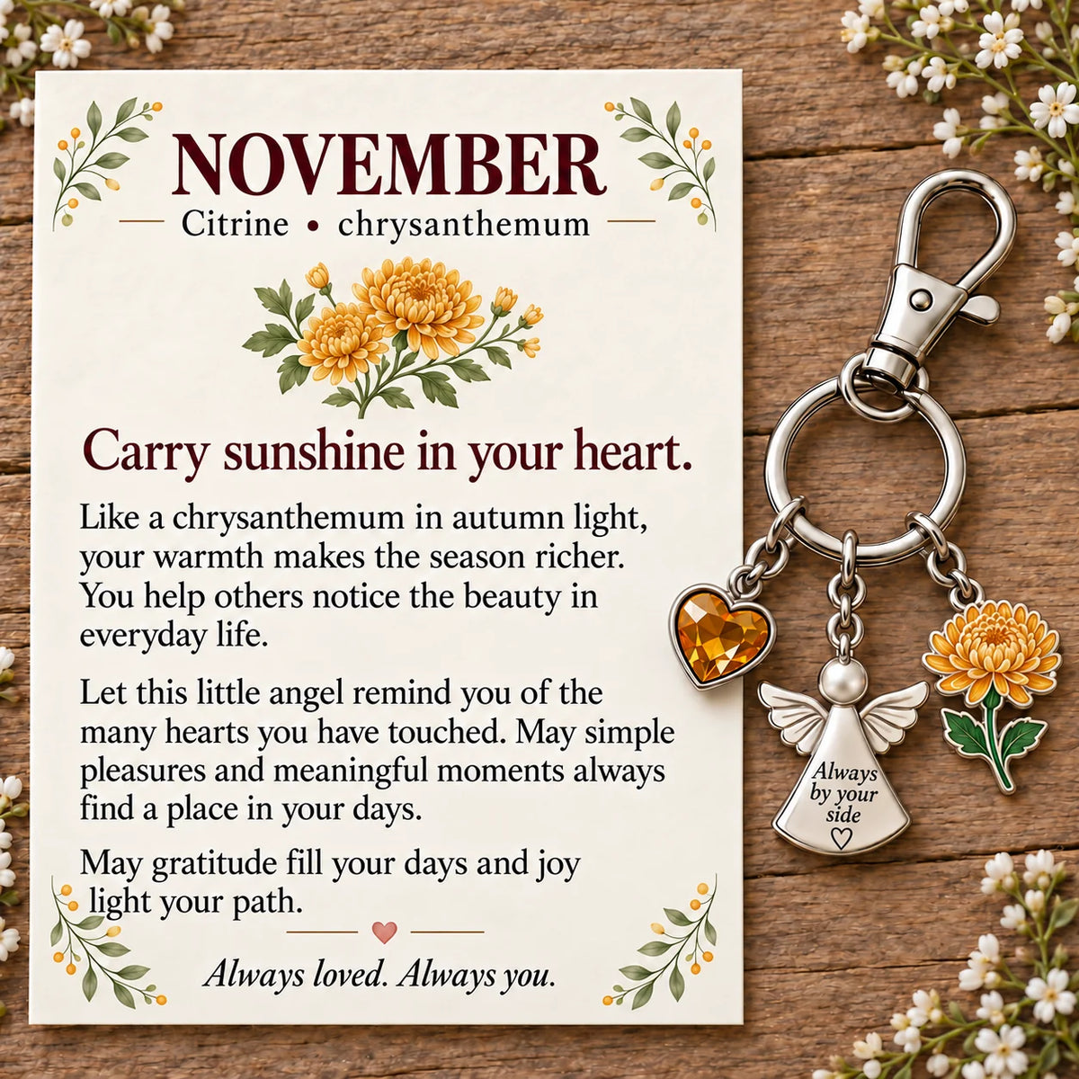 ⏳ Last Day 48% OFF —👼 Always By Your Side: Birth Month Angel & Flower Keychain + Keepsake Card